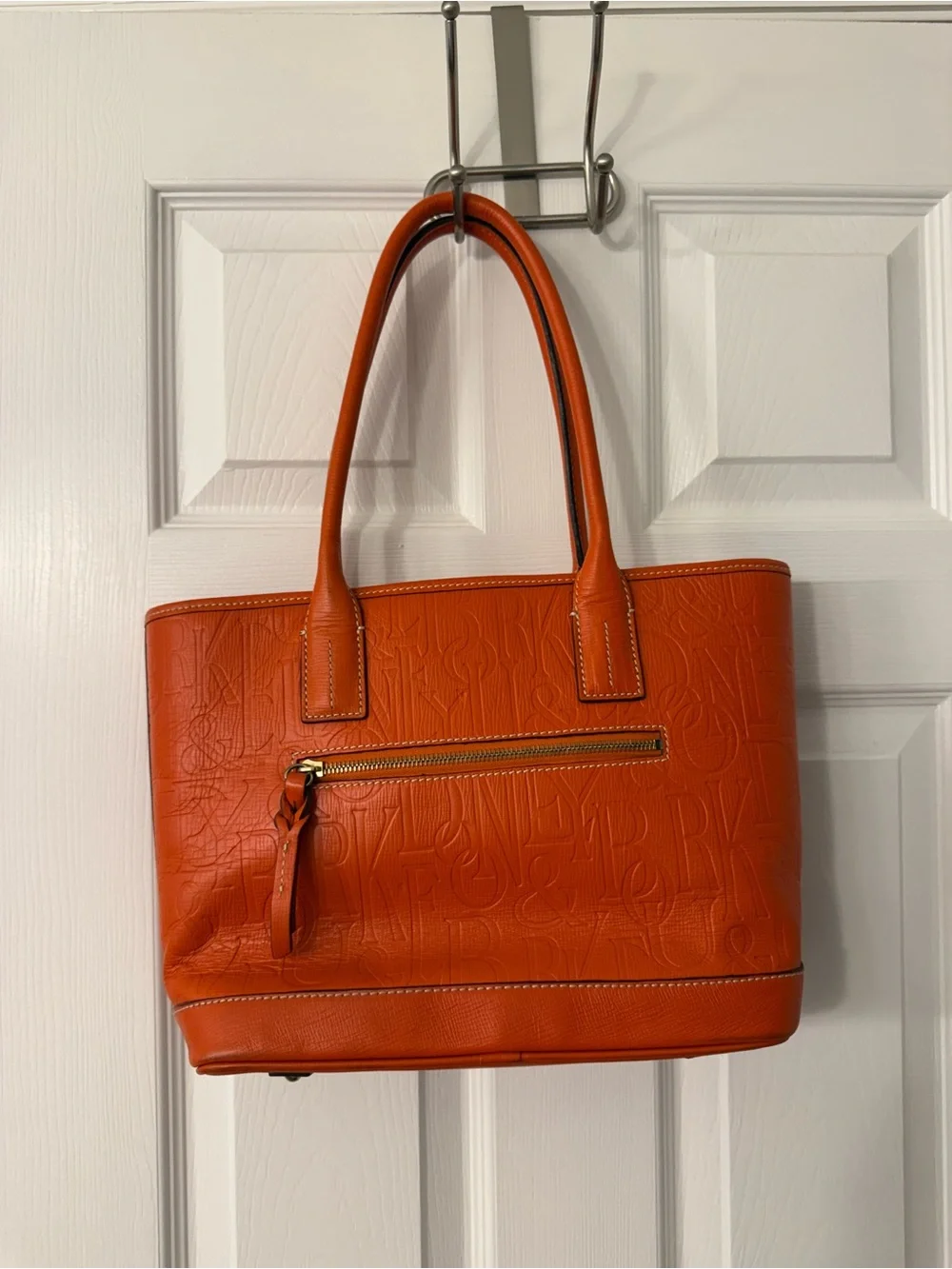 Dooney & Bourke Orange Embossed Logo Tote with Gold Plaque